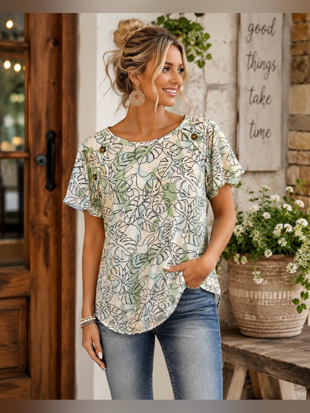 Anneliese Botanical Monstera Leaf Print Shoulder Button Tunic Top L